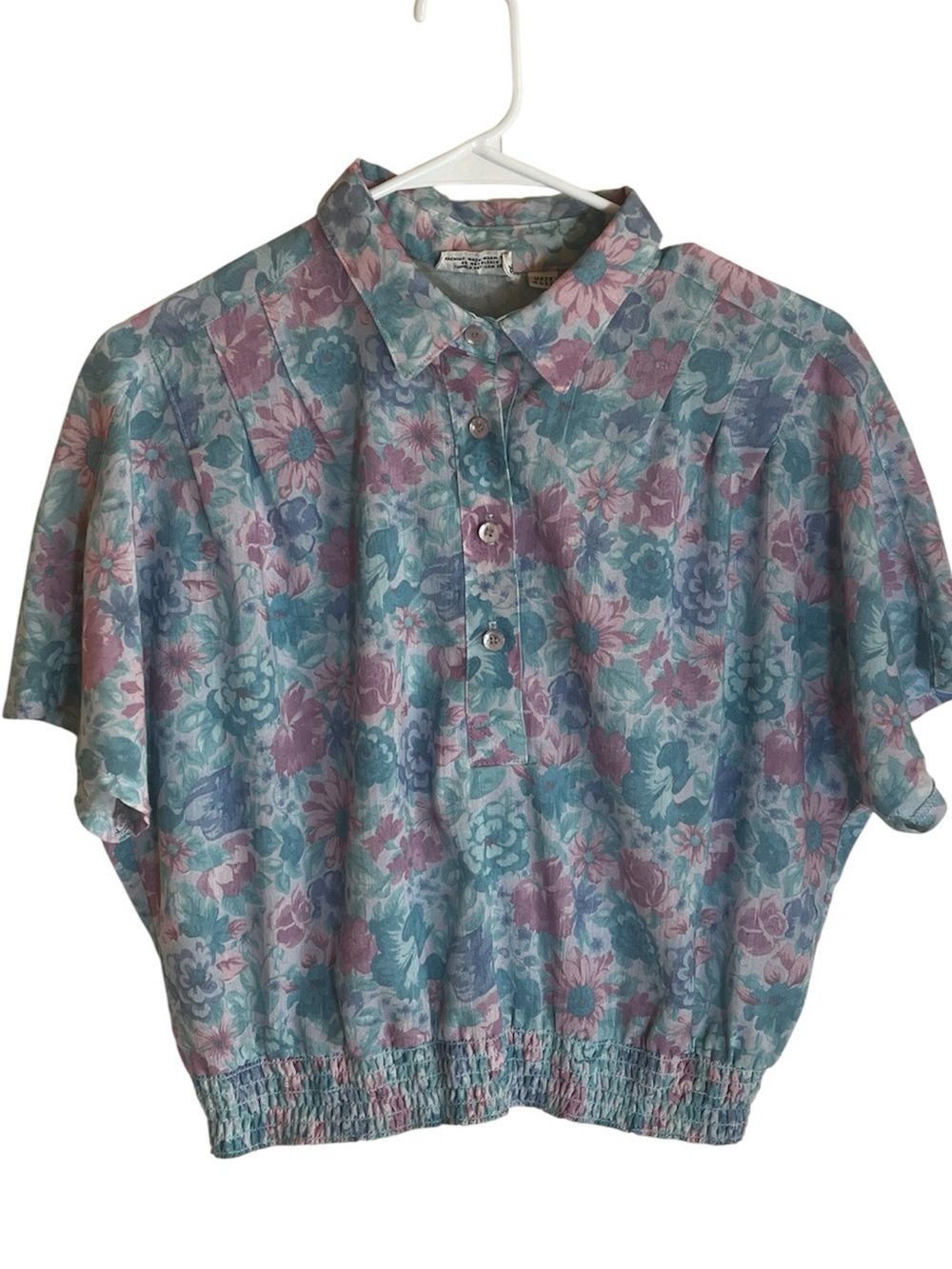 Vintage 80’s Made in USA Pastel Floral Crop Blouse Top Elastic Waist Cottagecore